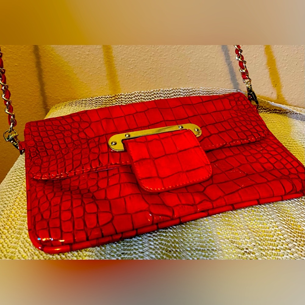 Siren red slick leathery croc print shoulder bag with chain straps